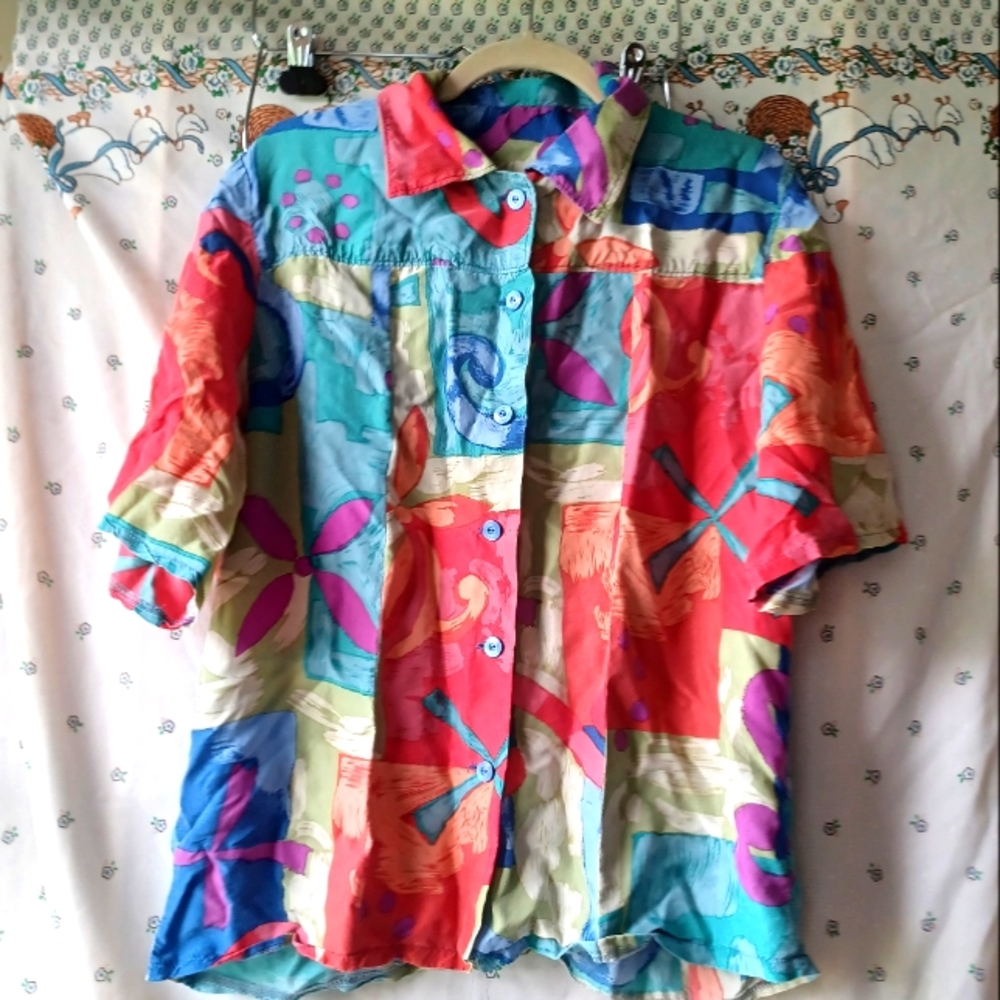 Vintage Colorful Abstract Floral Silk Button up Blouse 70's Artsy Summer